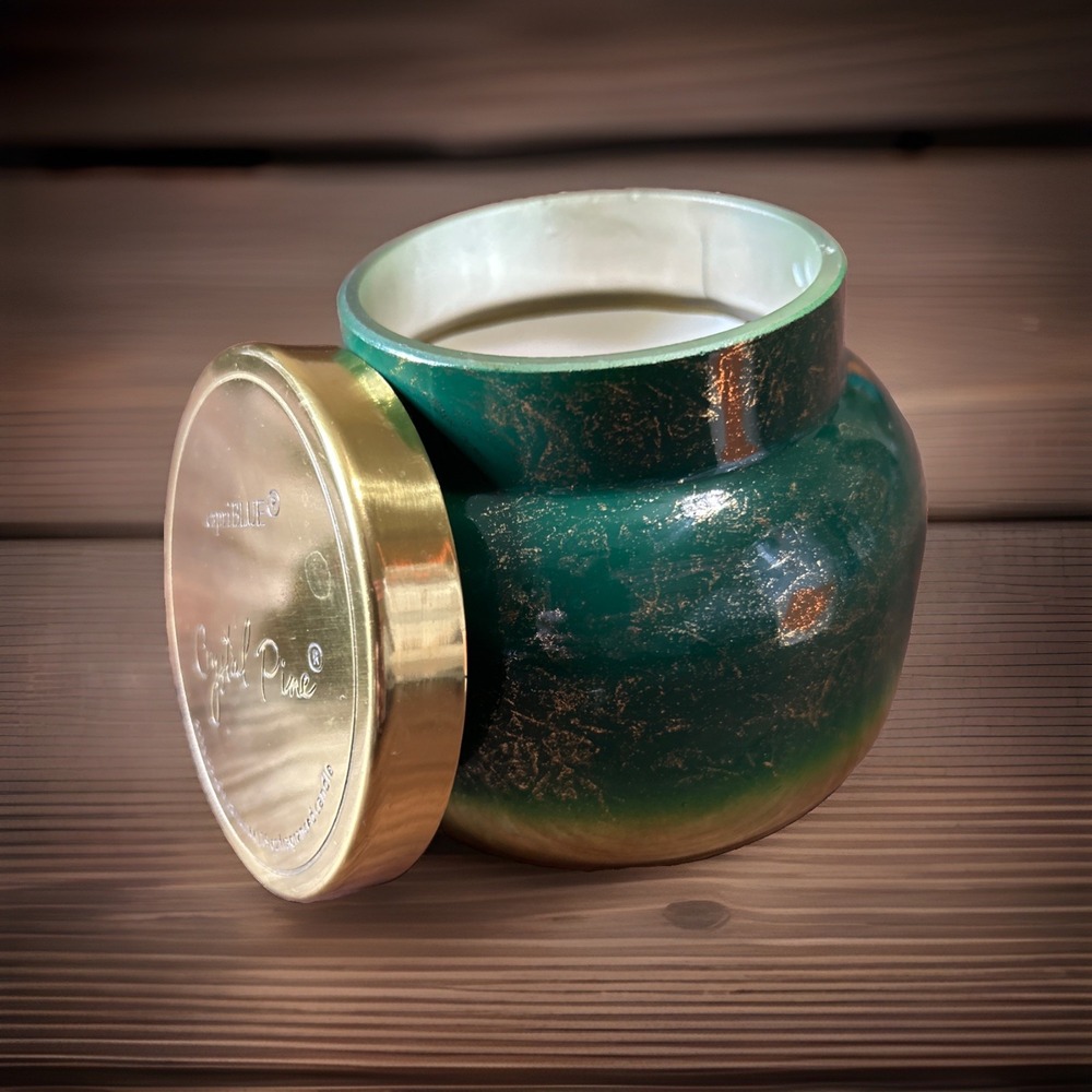 capri BLUE Crystal Pine Jar Candle Scented Holiday Green Gold Wax 19 Oz